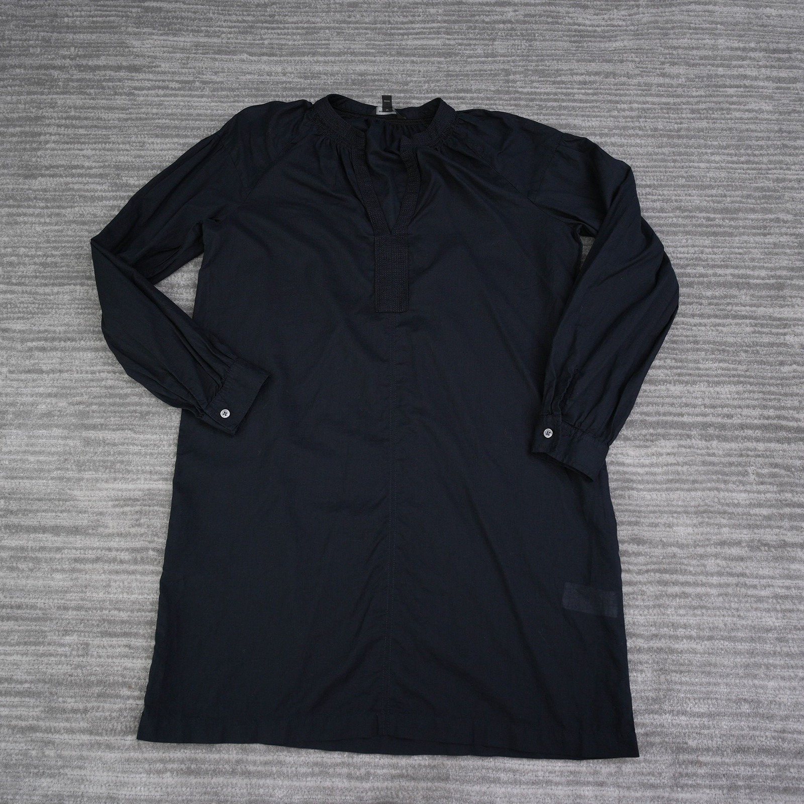 Banana Republic Black Cotton Long Sleeve Smocked Split Neck Shift Dress Xs